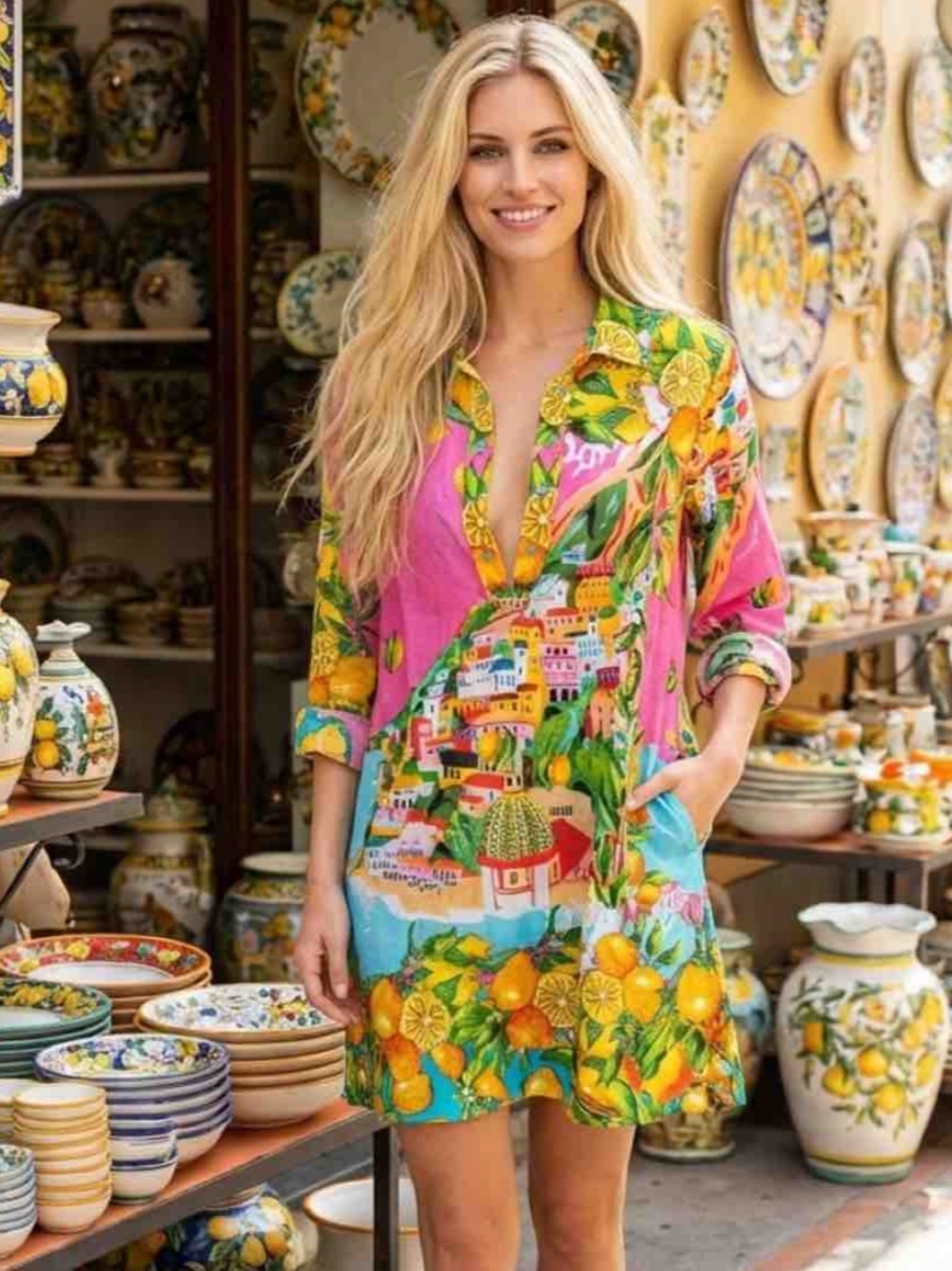 Vibrant Pink Citrus Print Women’s Tunic Shirt